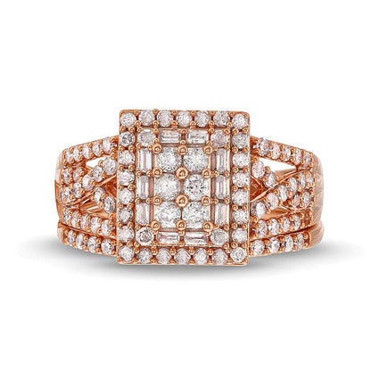 Braut-Set mit 1.0 ct. Gesamtgewicht Diamanten in Rechteck, rund und Baguette, Twist-Split-Shank in 10K Roségold