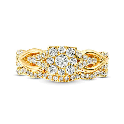 0,63 ct. Gesamtgewicht Diamant Brautset mit quadratischem Rahmen und geknotetem Ring in 14K Gelbgold