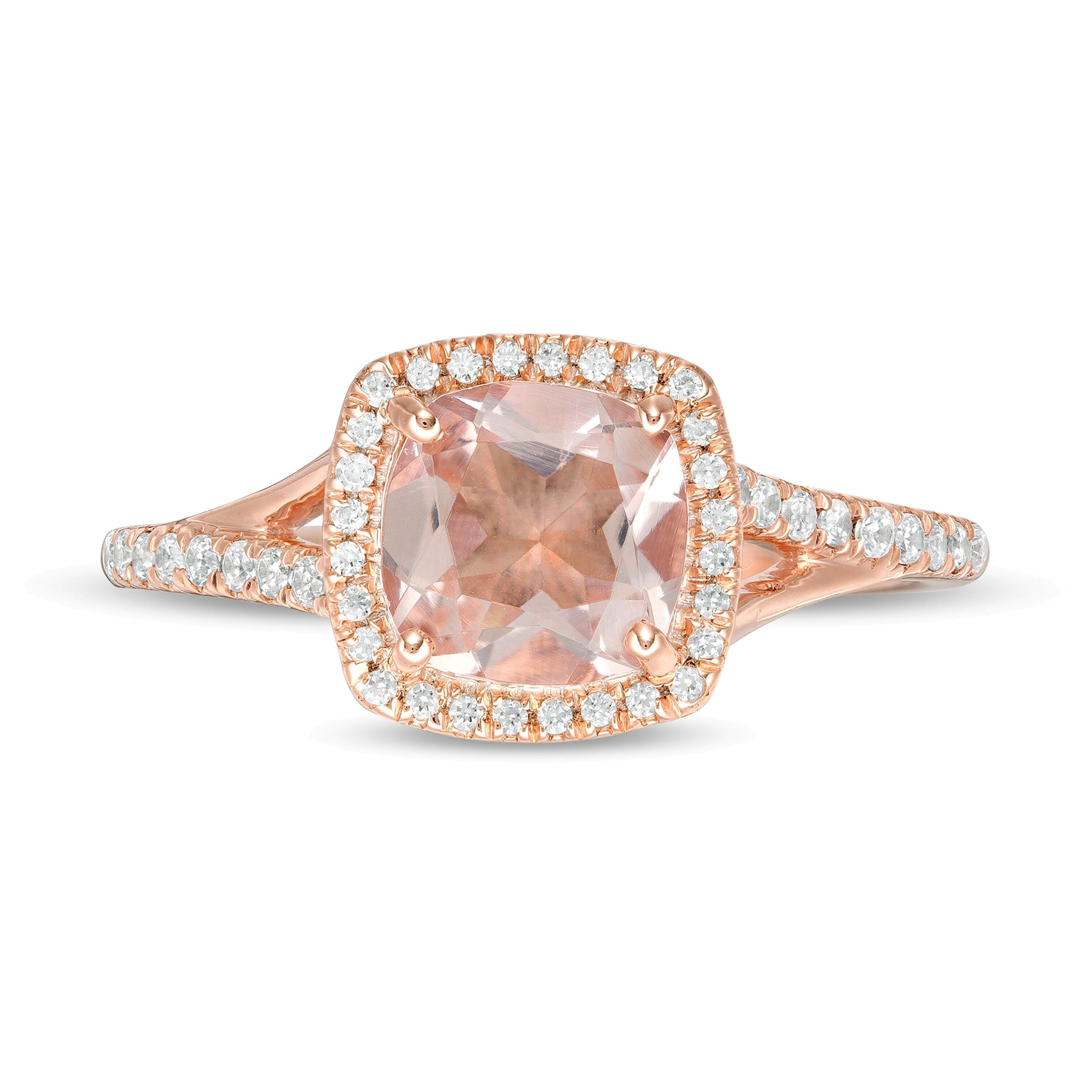 7,0 mm Morganit im Kissenschliff und Diamant 0,25 ct. Gesamtgewicht Halo-Ring mit geteilter Schiene in 10K Roségold