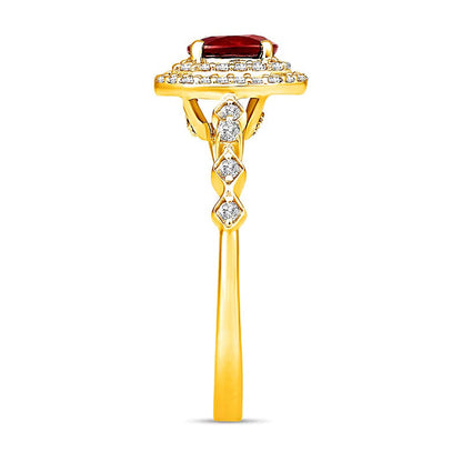 Ring mit ovalem Rubin und 0,33 ct. Gesamtgewicht Diamanten im Art-déco-Stil mit achteckigem Rahmen in 10K Gelbgold für Damen