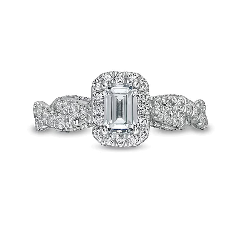 Halo-Verlobungsring mit Diamant im Smaragdschliff 1.0 ct. Gesamtgewicht in 14K Weißgold