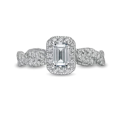 Halo-Verlobungsring mit Diamant im Smaragdschliff 1.0 ct. Gesamtgewicht in 14K Weißgold