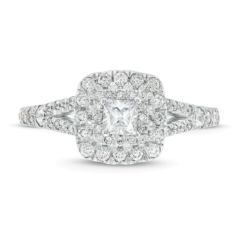 Halo-Verlobungsring mit Diamanten im Princess-, Rund- und Kissenschliff 1.0 ct. Gesamtgewicht in 14K Weißgold