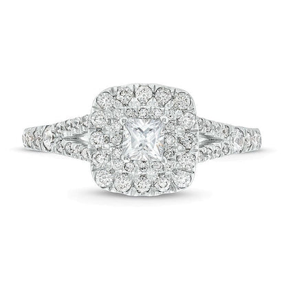 Halo-Verlobungsring mit Diamanten im Princess-, Rund- und Kissenschliff 1.0 ct. Gesamtgewicht in 14K Weißgold