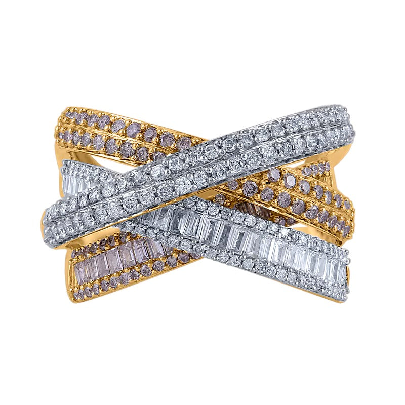 1.5 CT. Gesamtgewicht Ring mit champagnerfarbenen und weißen Diamanten im überkreuzten Layer-Design aus 10K Gelbgold