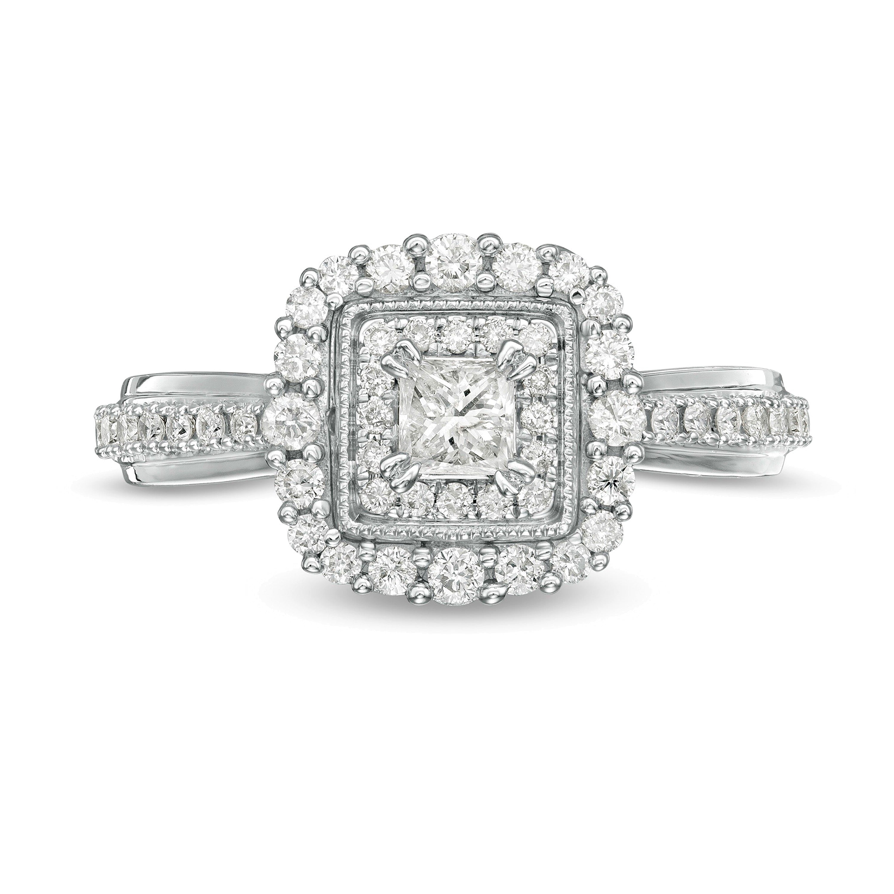 0.63 ct. Gesamtgewicht Verlobungsring im Vintage-Stil mit Diamanten im Princess-Schliff und Halo aus 10K Weißgold