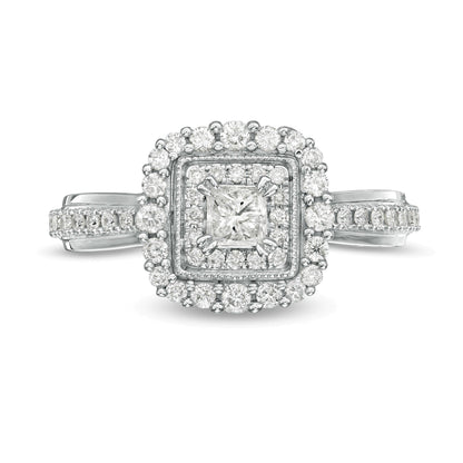 0.63 ct. Gesamtgewicht Verlobungsring im Vintage-Stil mit Diamanten im Princess-Schliff und Halo aus 10K Weißgold