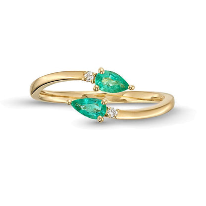 Bypass-Ring mit tropfenförmigem Smaragd und Diamant-Besatz in 10K Gelbgold für Damen