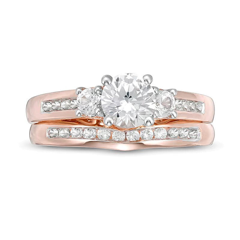 Braut-Set mit Labor-Saphir in Weiß, rund, 5,4 mm, Dreistein, aus 10K Roségold
