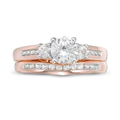 Braut-Set mit Labor-Saphir in Weiß, rund, 5,4 mm, Dreistein, aus 10K Roségold
