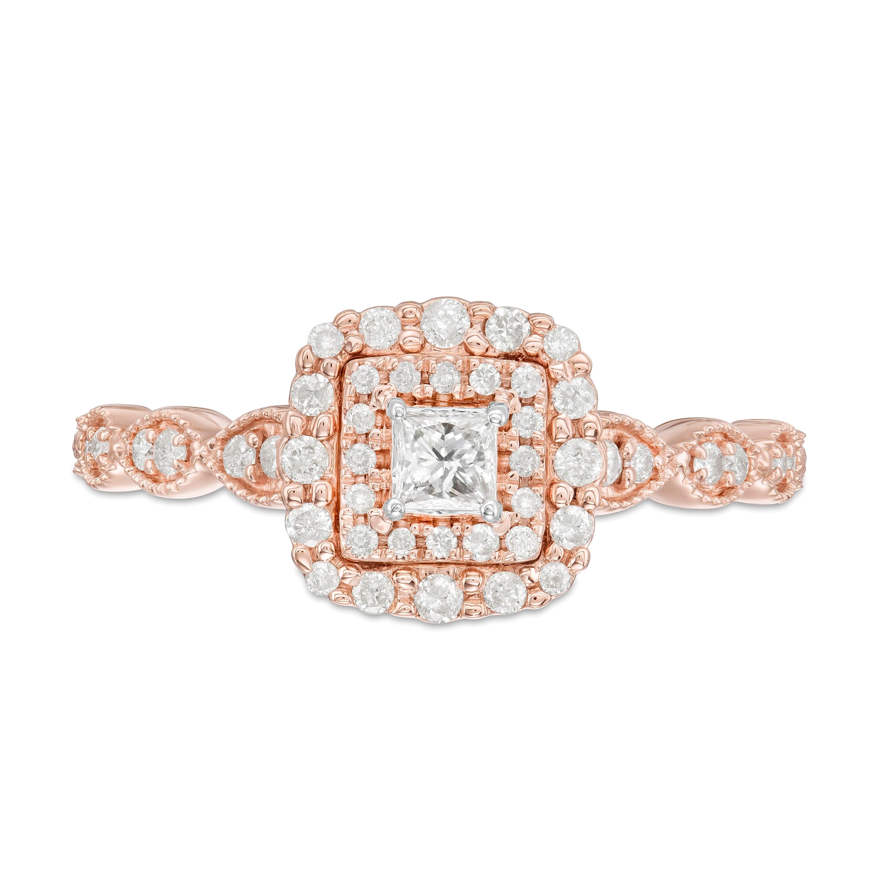 0.38 ct. Gesamtgewicht Halo-Verlobungsring mit Diamanten im Princess- und Rundschliff im Art-déco-Vintage-Stil in 10K Roségold