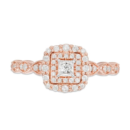 0.38 ct. Gesamtgewicht Halo-Verlobungsring mit Diamanten im Princess- und Rundschliff im Art-déco-Vintage-Stil in 10K Roségold