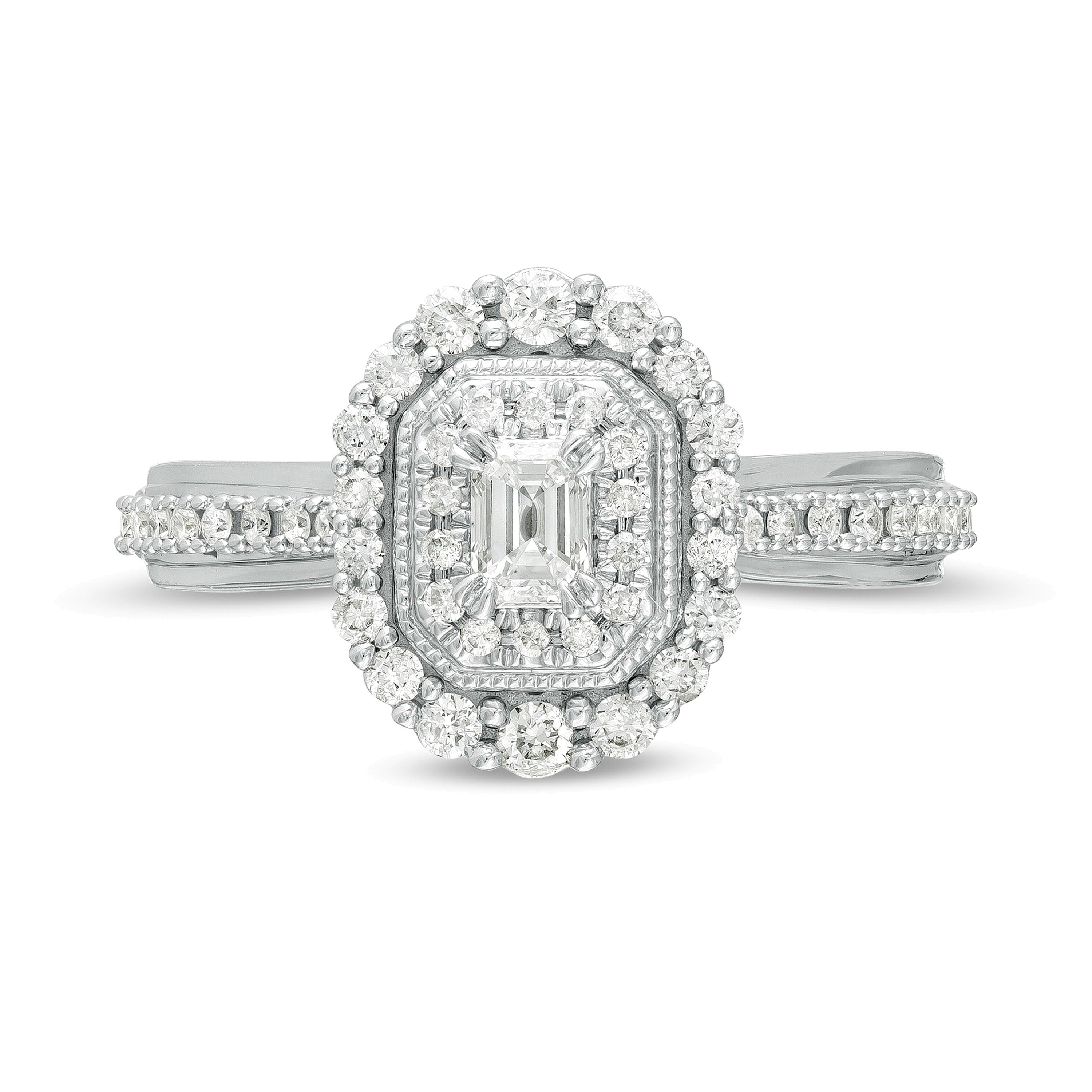 Verlobungsring im Vintage-Stil mit Diamanten im Smaragdschliff 0,63 ct. Gesamtgewicht und doppeltem Halo in 10K Weißgold für Damen