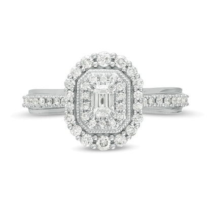 Verlobungsring im Vintage-Stil mit Diamanten im Smaragdschliff 0,63 ct. Gesamtgewicht und doppeltem Halo in 10K Weißgold für Damen