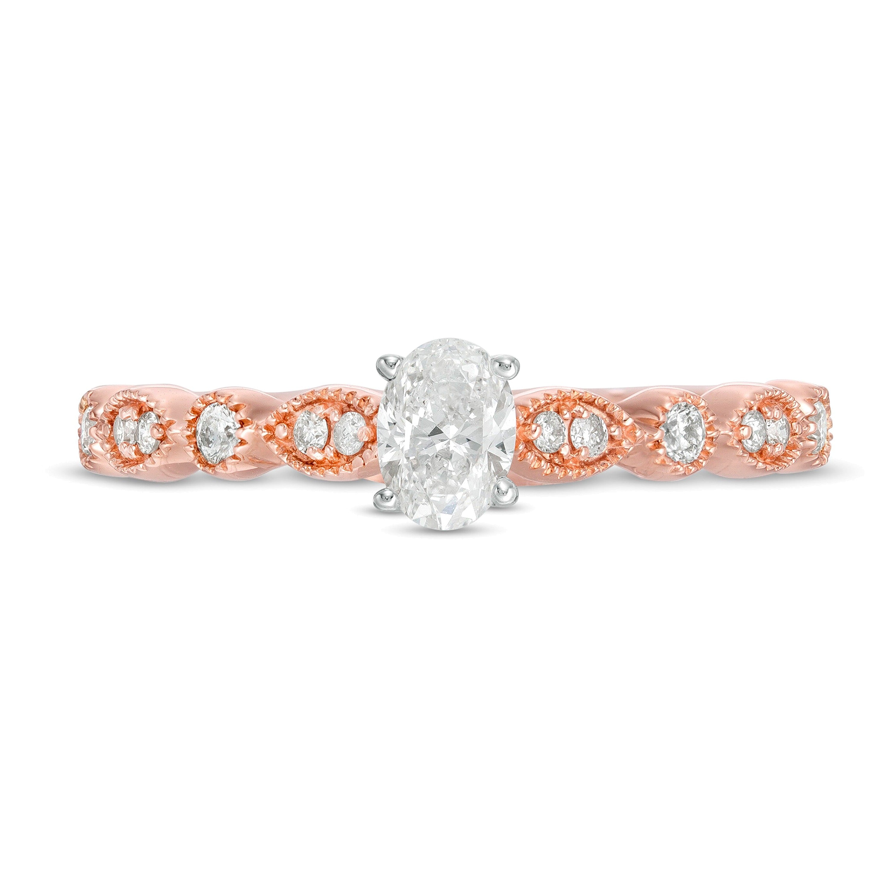 Solitär-Verlobungsring mit seitlichem Besatz im Vintage-Stil, 0,5 ct. Gesamtgewicht, ovaler Diamant mit Marquise und runden Diamanten, in 10K Roségold