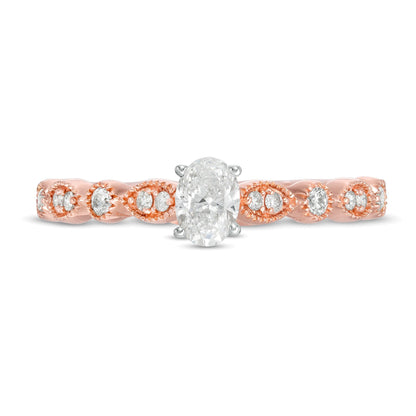 Solitär-Verlobungsring mit seitlichem Besatz im Vintage-Stil, 0,5 ct. Gesamtgewicht, ovaler Diamant mit Marquise und runden Diamanten, in 10K Roségold