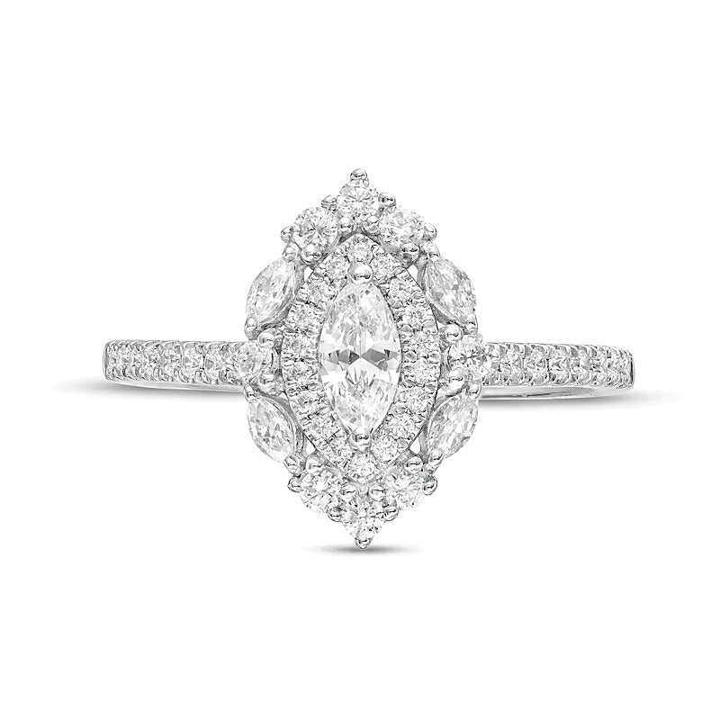 0,75 ct. Gesamtgewicht Verlobungsring mit Marquise-Diamant und doppeltem Halo in 14K Weißgold (I/I1)