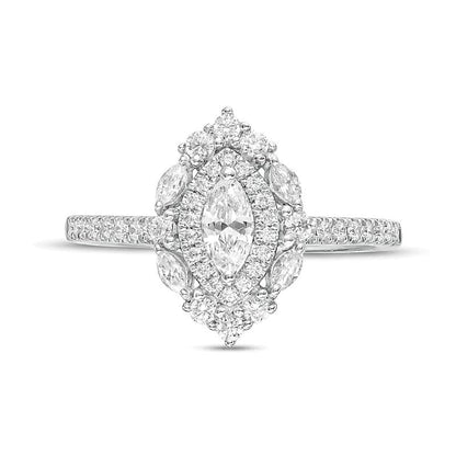 0,75 ct. Gesamtgewicht Verlobungsring mit Marquise-Diamant und doppeltem Halo in 14K Weißgold (I/I1)