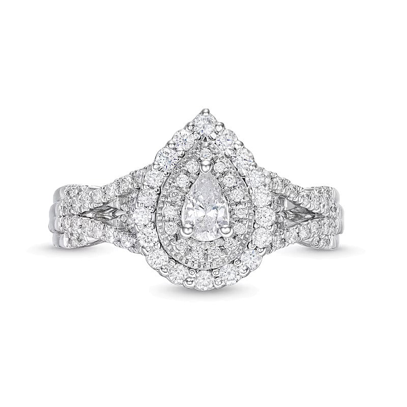 0,63 ct. Gesamtgewicht tropfenförmiger Diamant-Halo-Verlobungsring mit geschwungener Doppelschiene in 10K Weißgold