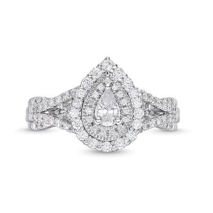 0,63 ct. Gesamtgewicht tropfenförmiger Diamant-Halo-Verlobungsring mit geschwungener Doppelschiene in 10K Weißgold