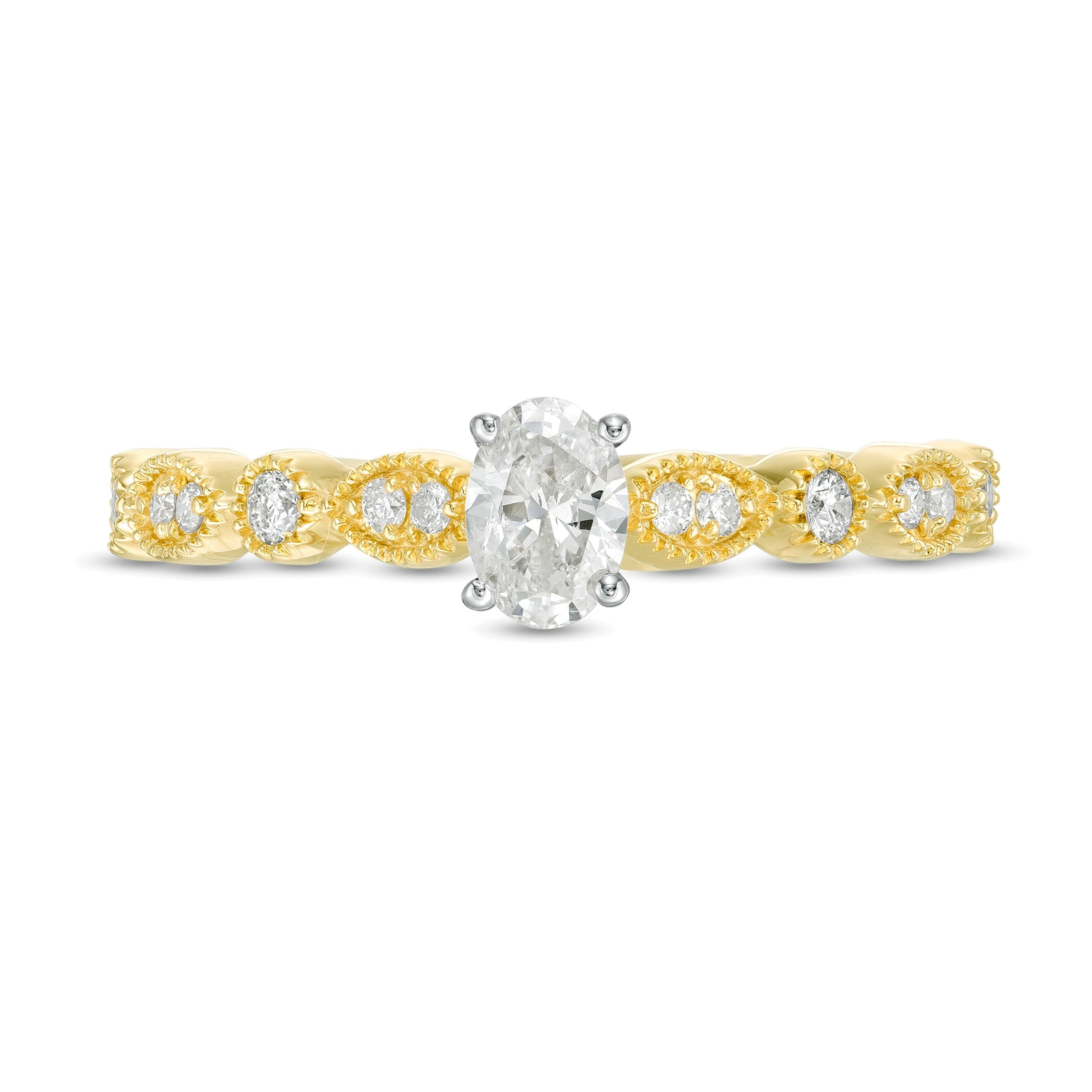 Verlobungsring im Vintage-Stil mit Diamanten in Oval, rund und Marquise, 0.5 ct. Gesamtgewicht, in 10K Gelbgold