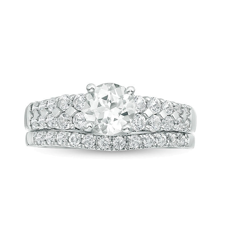 6,0 mm Braut-Set mit im Labor gezüchtetem weißem Saphir in rhodiniertem Sterlingsilber