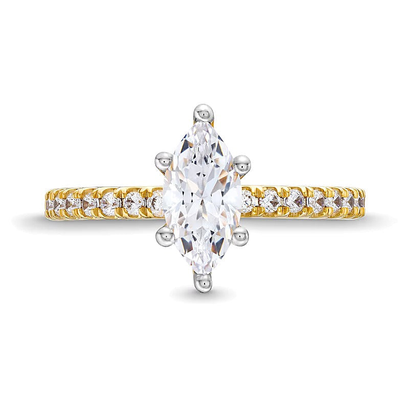 Solitär mit seitlichem Besatz mit Labordiamanten im Marquise- und Rundschliff 1.75 ct. Gesamtgewicht in 14K Gelbgold (F/VS2)