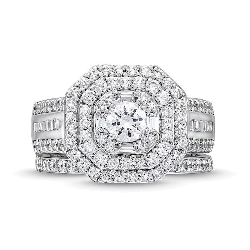 1.5 ct. Gesamtgewicht Diamant Brautset mit Kissenschliff, dreireihig und achteckigem Rahmen in 10K Weißgold
