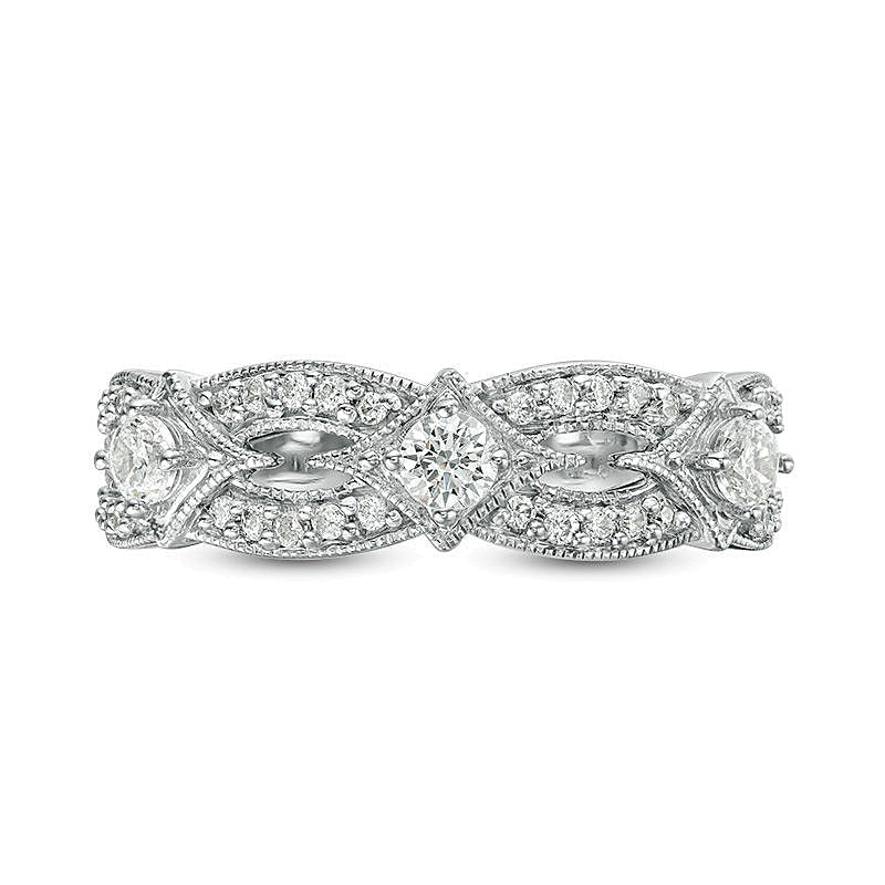 Memoire-Ring mit Diamanten im Dreistein-Design, 0.5 ct. Gesamtgewicht, im Vintage-Stil, aus 14K Weißgold