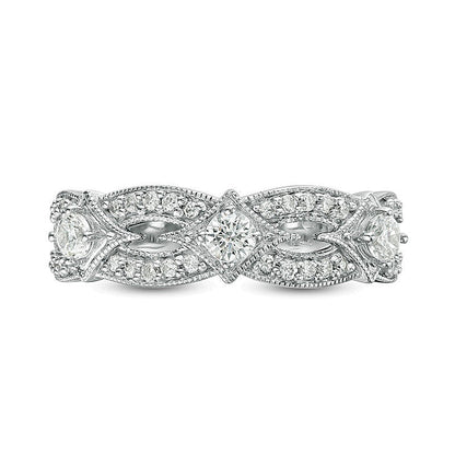 Memoire-Ring mit Diamanten im Dreistein-Design, 0.5 ct. Gesamtgewicht, im Vintage-Stil, aus 14K Weißgold