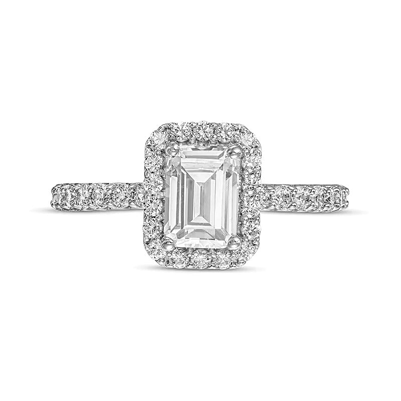 1.5 CT. Gesamtgewicht Verlobungsring mit Labordiamanten im Smaragdschliff und Halo in 14K Weißgold (F/VS2)