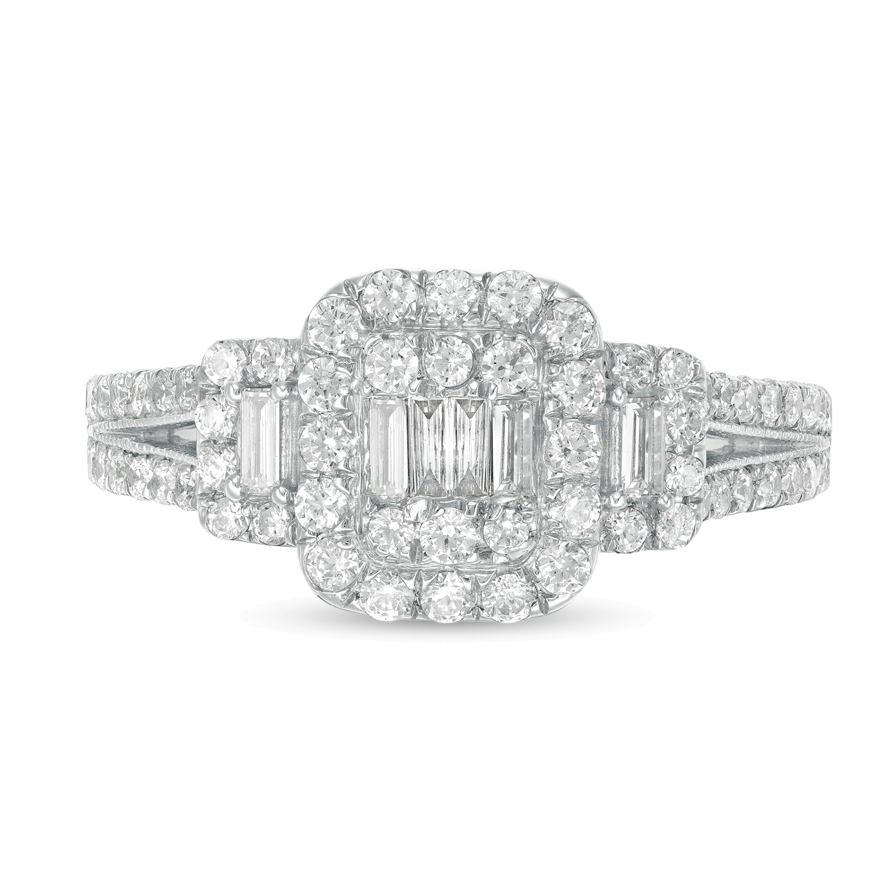 Verlobungsring mit Komposit-Diamanten im Baguette-, Rund- und Kissenschliff 0,88 ct. Gesamtgewicht in 10K Weißgold