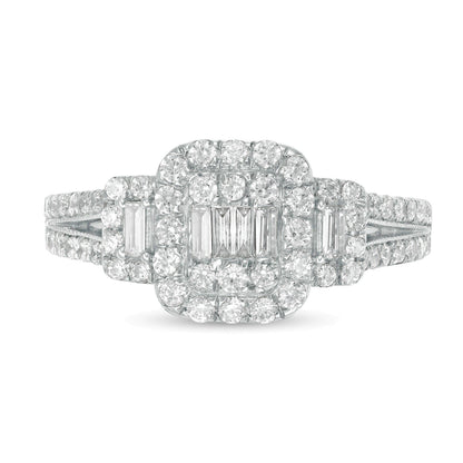 Verlobungsring mit Komposit-Diamanten im Baguette-, Rund- und Kissenschliff 0,88 ct. Gesamtgewicht in 10K Weißgold