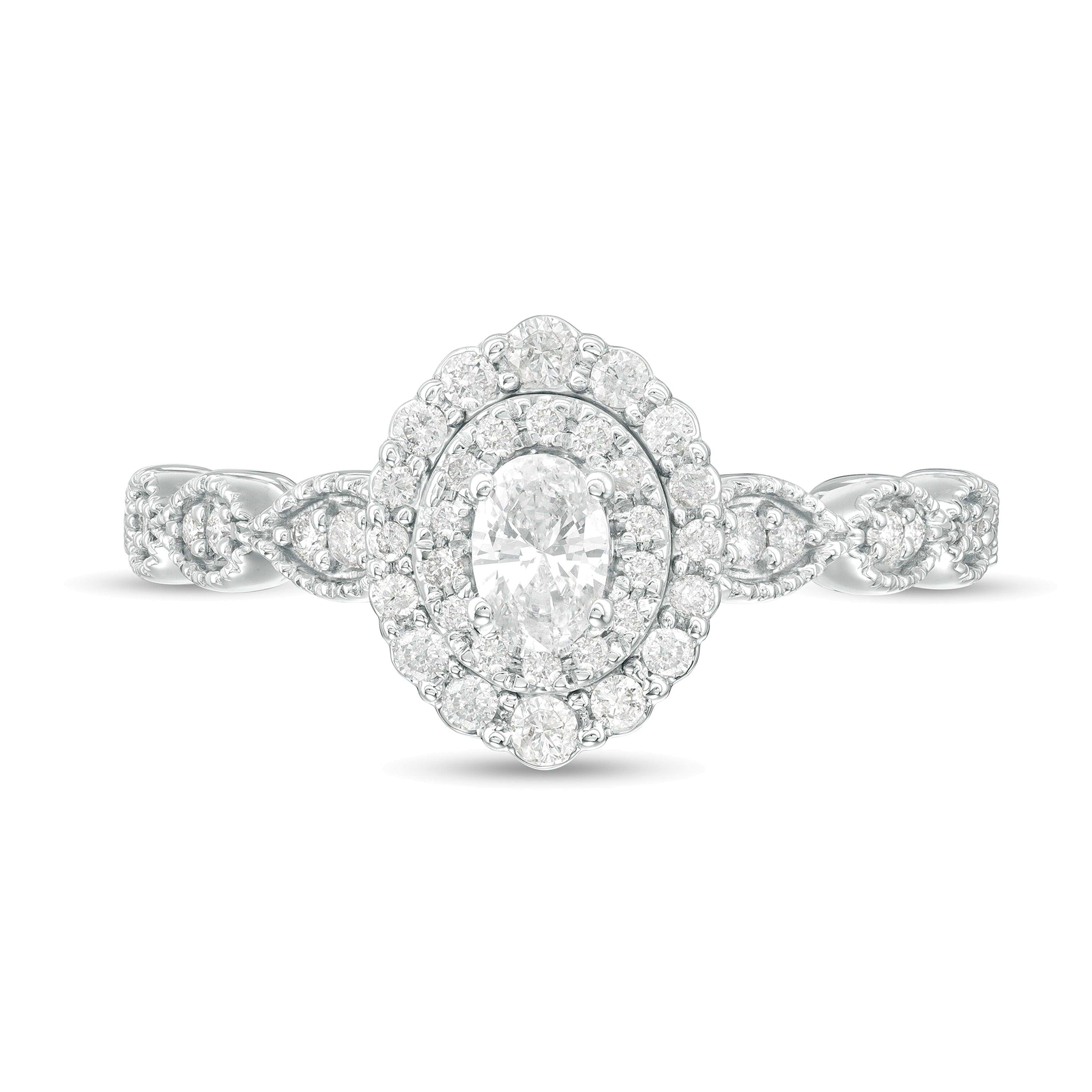 0.38 ct. Gesamtgewicht Verlobungsring mit Diamanten in Oval- und Rundschliff, Halo im Art-déco-Vintage-Stil, aus 10K Weißgold