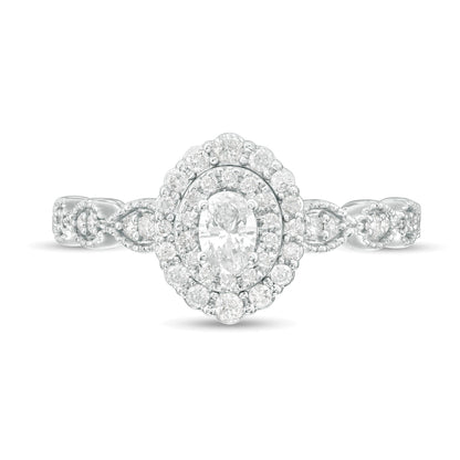 0.38 ct. Gesamtgewicht Verlobungsring mit Diamanten in Oval- und Rundschliff, Halo im Art-déco-Vintage-Stil, aus 10K Weißgold