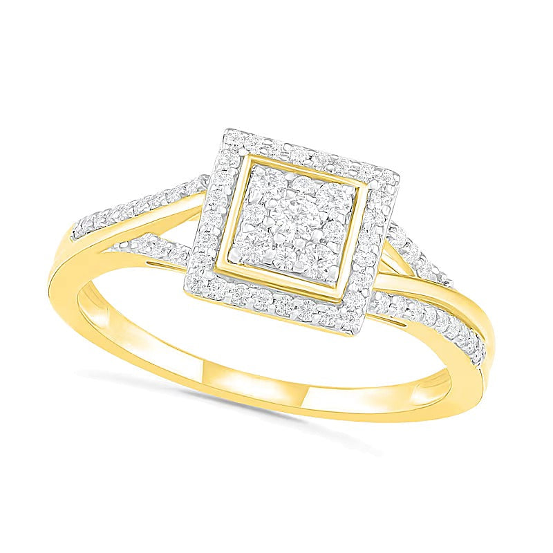 Komposit-Diamant Brautset mit quadratischem Rahmen und geteiltem Ringkopf 0,38 ct. Gesamtgewicht in 10K Gelbgold