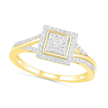 Komposit-Diamant Brautset mit quadratischem Rahmen und geteiltem Ringkopf 0,38 ct. Gesamtgewicht in 10K Gelbgold