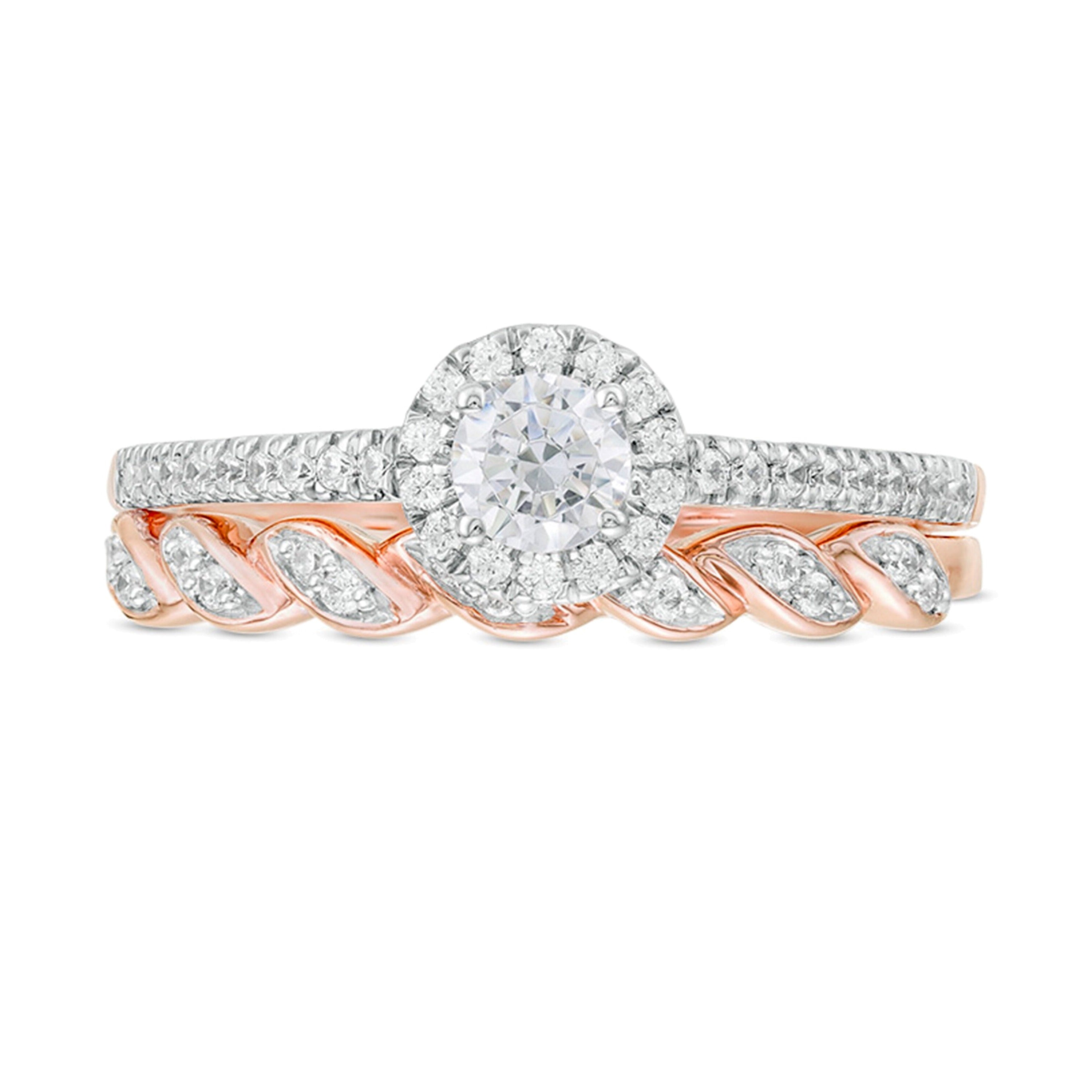 0,5 ct. Gesamtgewicht Diamant Brautset mit gedrehter Ringschiene und Diamant-Rahmen in 10K Roségold