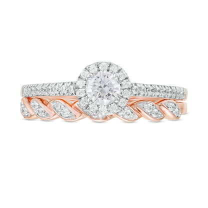 0,5 ct. Gesamtgewicht Diamant Brautset mit gedrehter Ringschiene und Diamant-Rahmen in 10K Roségold