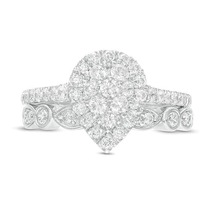 Braut-Set Komposit mit tropfenförmigen Diamanten im Art-déco-Stil 1.0 ct. Gesamtgewicht in 10K Weißgold