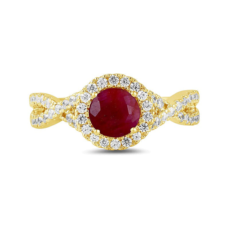6,0mm Rubin und 0,5 ct. Gesamtgewicht Labordiamant Ring mit Halo und Crossover-Schiene in 14K Gelbgold