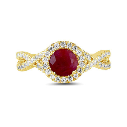 6,0mm Rubin und 0,5 ct. Gesamtgewicht Labordiamant Ring mit Halo und Crossover-Schiene in 14K Gelbgold