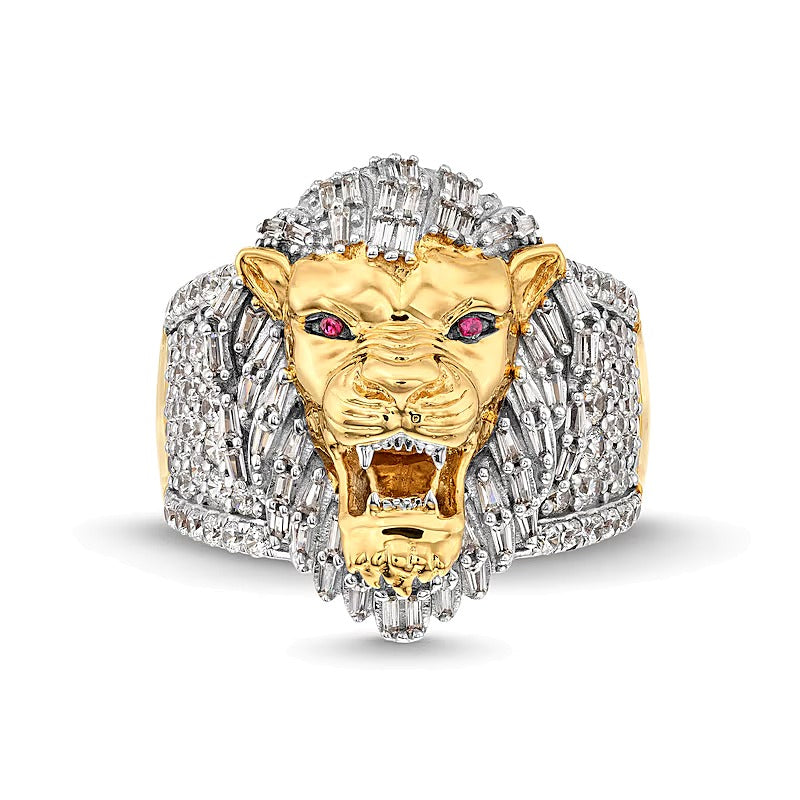 Löwenkopf-Ring mit Diamanten im Baguette- und Rundschliff sowie Labor-Rubinen in 10K Gelbgold, 1.5 ct. Gesamtgewicht