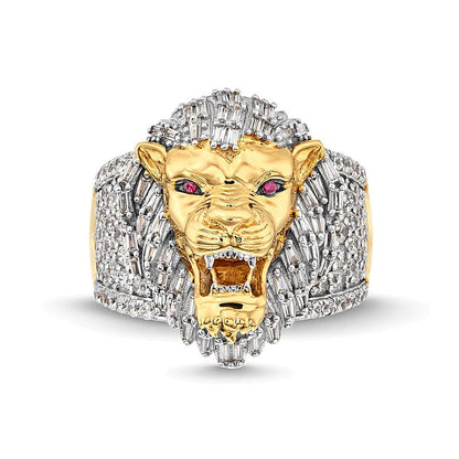 Löwenkopf-Ring mit Diamanten im Baguette- und Rundschliff sowie Labor-Rubinen in 10K Gelbgold, 1.5 ct. Gesamtgewicht