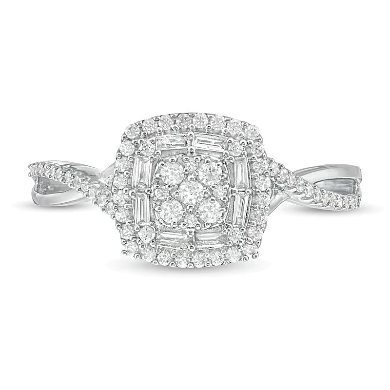 Fashion-Ring mit Diamanten in rund, Baguette und Kissenschliff, Kissenschliff-Rahmen und Crossover-Ringschiene, 0.33 ct. Gesamtgewicht, 10K Weißgold