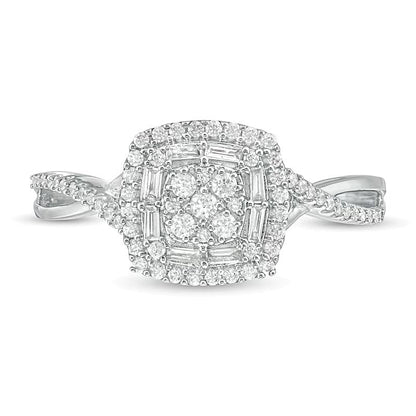 Fashion-Ring mit Diamanten in rund, Baguette und Kissenschliff, Kissenschliff-Rahmen und Crossover-Ringschiene, 0.33 ct. Gesamtgewicht, 10K Weißgold