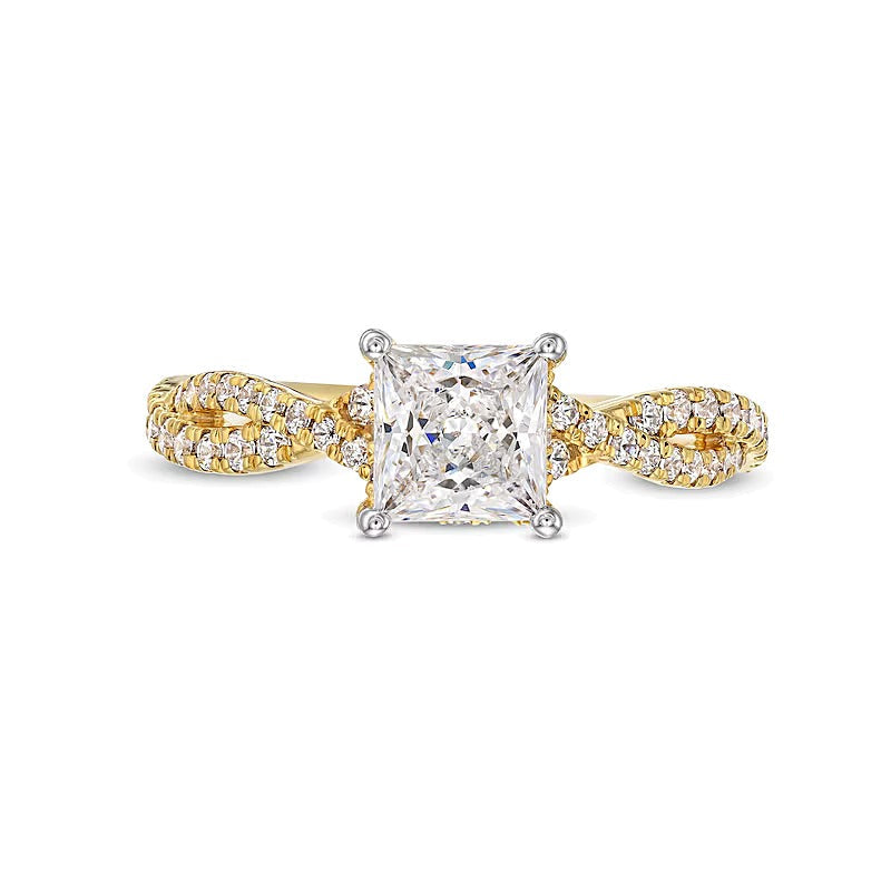 1,38 ct. Gesamtgewicht Verlobungsring mit Labordiamanten im Princess- und Rundschliff, Halo, in 14K Gelbgold (I/SI2)
