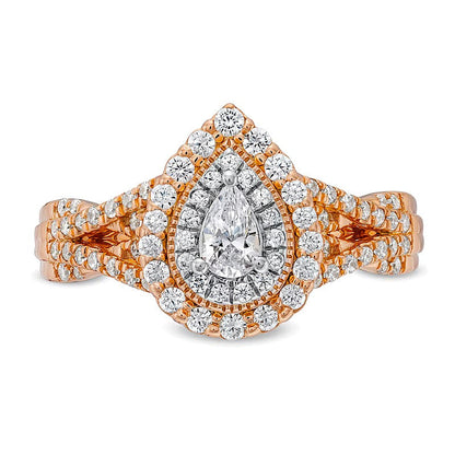 0.63 ct. Gesamtgewicht Verlobungsring mit tropfenförmigem Diamant, Halo und verschlungener Ringschiene in 10K Roségold