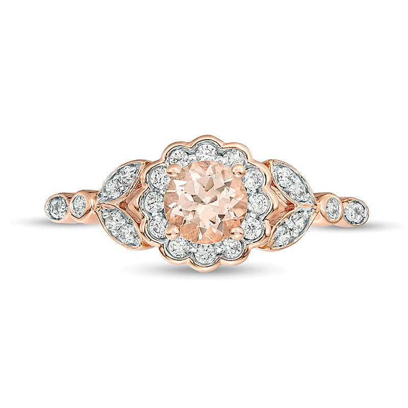 5,0mm Morganit und 0,2 ct. Gesamtgewicht Diamant Fashion-Ring mit Blütenrahmen und Blatt-Ringschiene in 10K Roségold