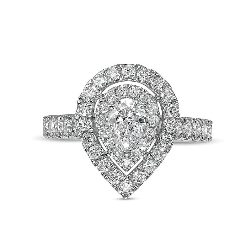 1.5 CT. Gesamtgewicht Verlobungsring mit tropfenförmigem Diamant und doppeltem Halo in 14K Weißgold (I/SI2)